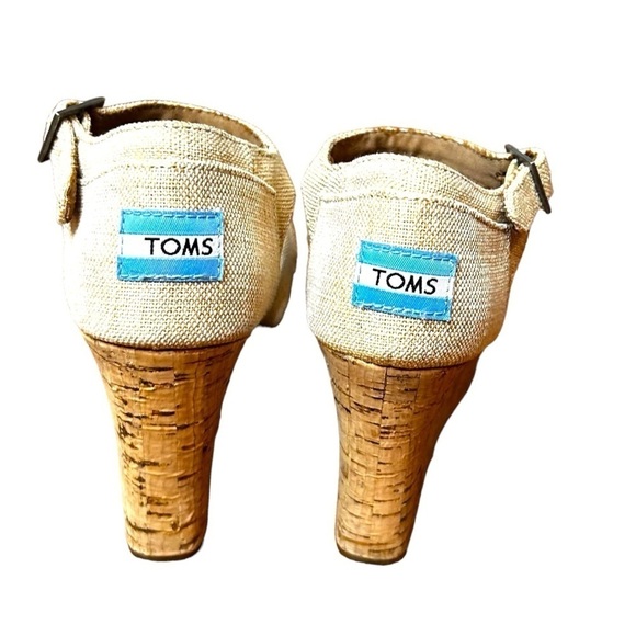 Toms Women's 8.5 Clarissa Wedge Heel Sandal Natural Linen & Cork Ankle Strap - Picture 7 of 9